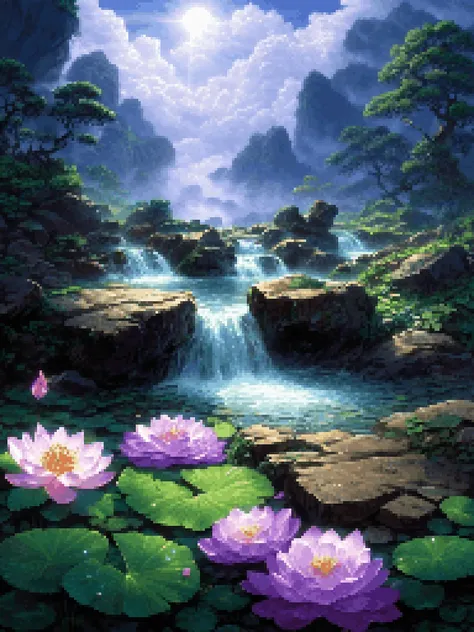 a painting of a waterfall and flowers in a forest