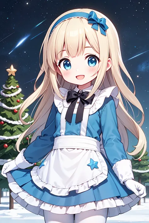 anime girl in a blue dress standing in front of a christmas tree