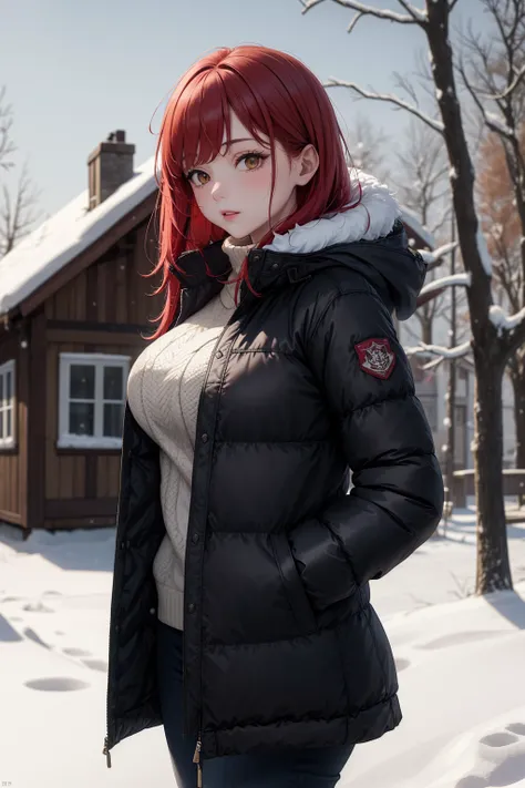 a close up of a person in a jacket standing in the snow