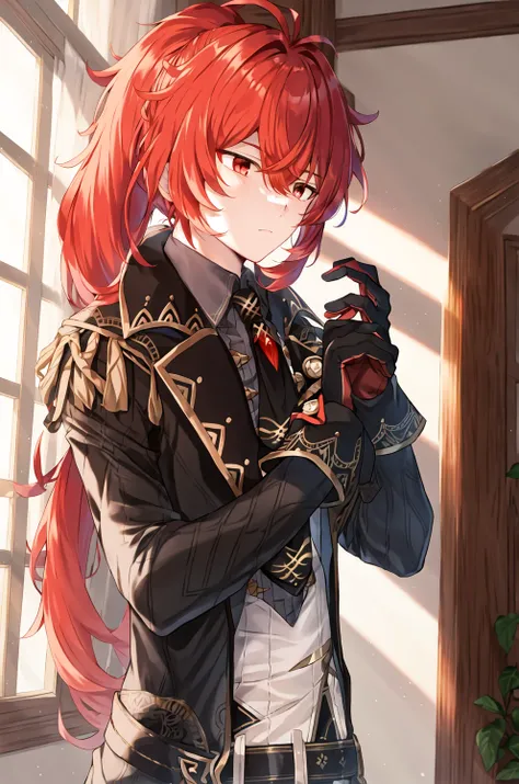 masterpiece, best quality, diluc \(genshin impact\), 1boy, gloves, long hair, male focus, red hair, red eyes, solo, necktie, shi...