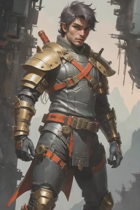 a man in armor standing in front of a city