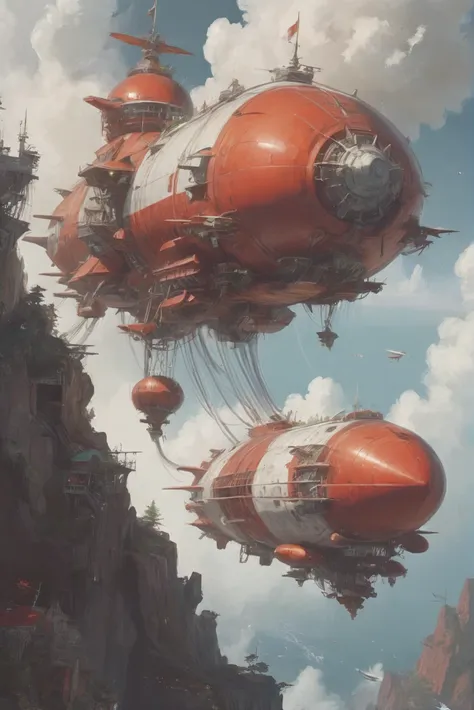 there are two large red and white ships floating in the sky