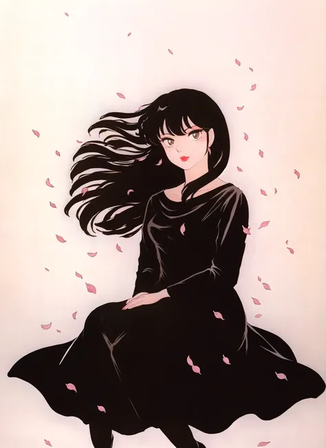 takahashi rumiko,  masterpiece, best quality, 1990s (style), otonashi kyouko, 1girl, black dress, black hair, brown eyes, dress, floating hair, lips, lipstick, long hair, long sleeves, makeup, petals, simple background, sitting, solo, traditional media <lo...