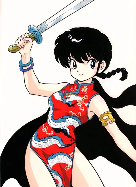 takahashi rumiko, ranma-chan, 1980s (style), 1girl, short hair, braid, armlet, black eyes, black hair, bracelet, china dress, chinese clothes, dragon print, dress, holding sword, jewelry, long hair, retro artstyle, simple background, sleeveless dress, smil...