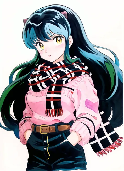 takahashi rumiko, 1980s (style), 1girl, blush, cropped legs, green hair, hands in pockets, horns, long hair, long sleeves, oni, oni horns, pink sweater, plaid, plaid scarf, retro artstyle, scarf, simple background, solo, sweater, traditional media, waterco...