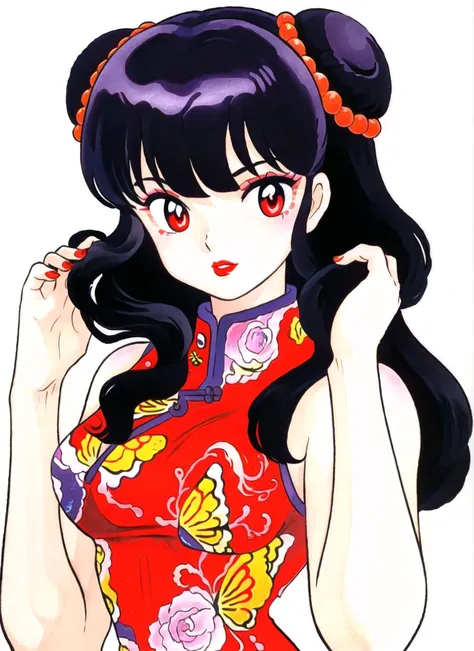 takahashi rumiko, 1980s (style), retro artstyle, shampoo (ranma 1/2), 1girl, adjusting hair, animal print, bare shoulders, beads, breasts, butterfly print, china dress, chinese clothes, double bun, dress, eyeshadow, floral print, hair beads, hair bun, hair...