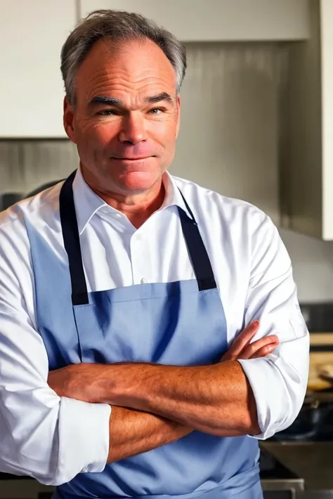 arafed man in blue apron standing in kitchen with arms crossed