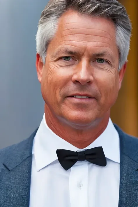 a close up of a man wearing a suit and bow tie