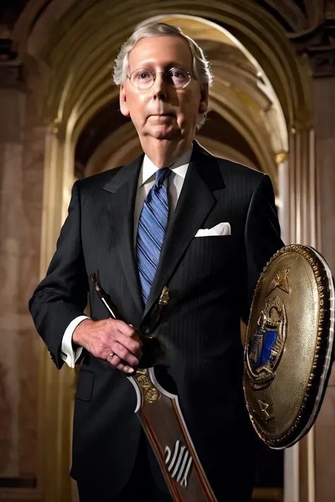 mitch mcconnell <lora:senate_033_mitch_mcconnell:0.65> , face closeup, face focus, shirt, formal, suit, collared shirt, white shirt, jacket,
Wearing gladiator armor, standing in a Roman-style coliseum, holding a sword and shield with the Senate emblem on i...