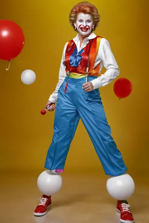 debbie stabenow <lora:senate_043_debbie_stabenow:0.65> , face closeup, face focus, shirt, formal, suit, collared shirt, white shirt, jacket,
Dressed in full clown regalia, with a red nose, oversized shoes, and rainbow suspenders, juggling several large bal...