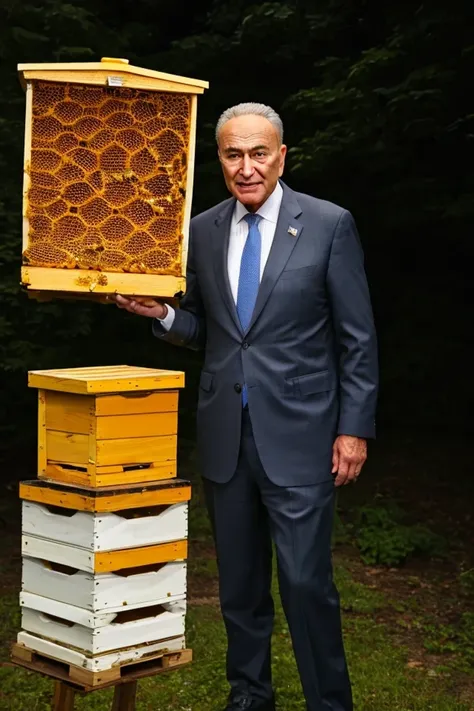 chuck schumer <lora:senate_063_chuck_schumer:0.65> , face closeup, face focus, shirt, formal, suit, collared shirt, white shirt, jacket,
Wearing a beekeeper suit, standing in an apiary with bee hives around, holding a giant honeycomb, "Honey Pot Funds",
be...