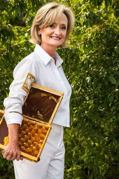 cindy hyde-smith <lora:senate_048_cindy_hyde-smith:0.65> , face closeup, face focus, shirt, formal, suit, collared shirt, white shirt, jacket,
Wearing a beekeeper suit, standing in an apiary with bee hives around, holding a giant honeycomb, "Honey Pot Fund...