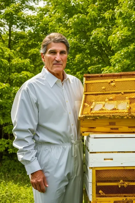 joe manchin <lora:senate_095_joe_manchin:0.65> , face closeup, face focus, shirt, formal, suit, collared shirt, white shirt, jacket,
Wearing a beekeeper suit, standing in an apiary with bee hives around, holding a giant honeycomb, "Honey Pot Funds",
best q...