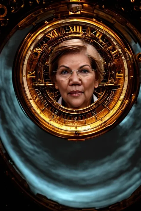 elizabeth warren <lora:senate_041_elizabeth_warren:0.65> face closeup, face focus, shirt, formal, suit, collared shirt, white shirt, jacket,
Dressed in a steampunk outfit,large clock or time machine device, set against a backdrop of a swirling vortex,
best...