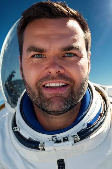 j. d. vance <lora:senate_070_j._d._vance:0.65> , face closeup, face focus, shirt, formal, suit, collared shirt, white shirt, jacket,
Wearing a classic astronaut suit, floating in space with Earth visible in the background,
best quality, masterpiece, HDR, p...