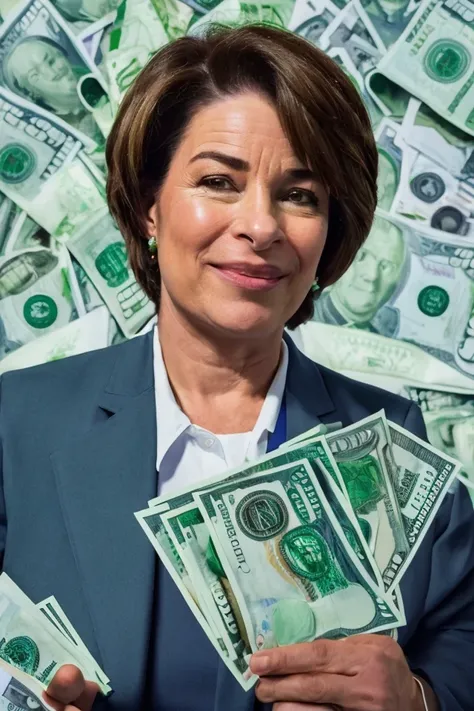 amy klobuchar <lora:senate_045_amy_klobuchar:0.65> , face closeup, face focus, shirt, formal, suit, collared shirt, white shirt, jacket,
green suit, dollars, money, bills, green banknotes flying,
best quality, masterpiece, HDR, professional, studio quality...