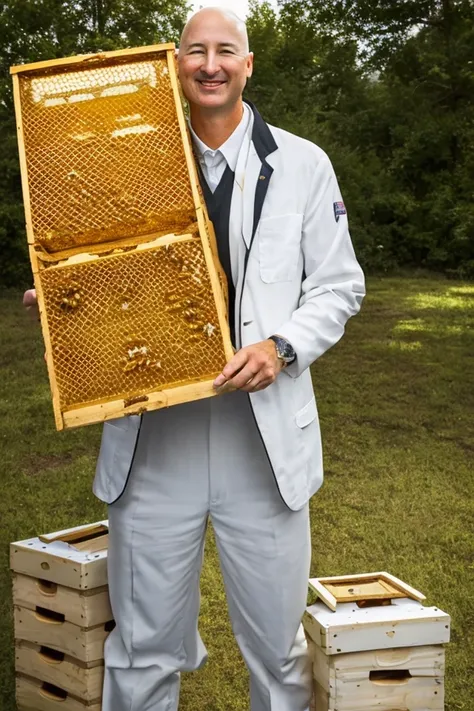 pete ricketts <lora:senate_054_pete_ricketts:0.65> , face closeup, face focus, shirt, formal, suit, collared shirt, white shirt, jacket,
Wearing a beekeeper suit, standing in an apiary with bee hives around, holding a giant honeycomb, "Honey Pot Funds",
be...