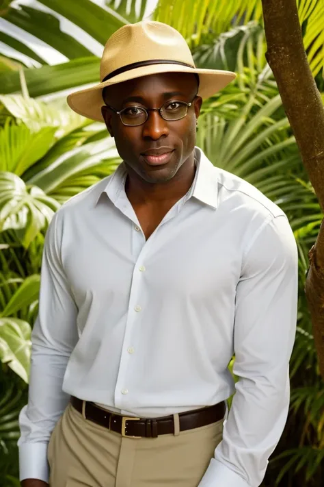 a man in a hat and glasses standing in front of a tree