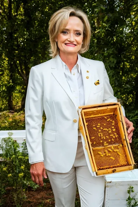 cindy hyde-smith <lora:senate_048_cindy_hyde-smith:0.65> , face closeup, face focus, shirt, formal, suit, collared shirt, white shirt, jacket,
Wearing a beekeeper suit, standing in an apiary with bee hives around, holding a giant honeycomb, "Honey Pot Fund...