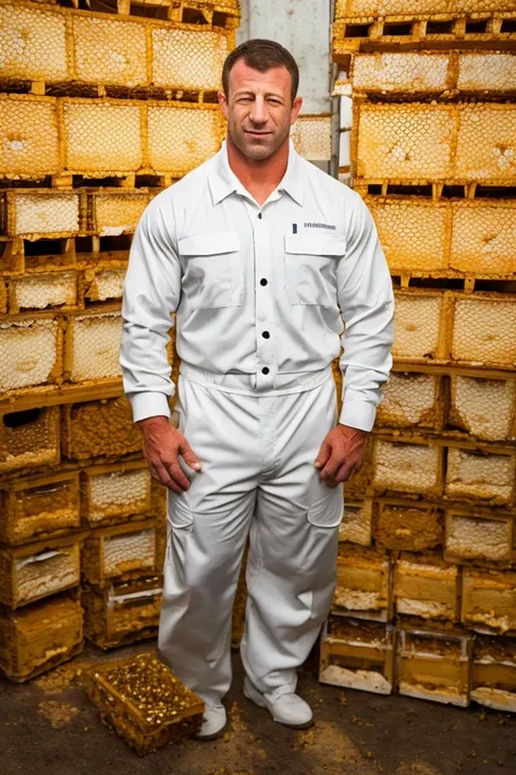 markwayne mullin <lora:senate_072_markwayne_mullin:0.65> , face closeup, face focus, shirt, formal, suit, collared shirt, white shirt, jacket,
Wearing a beekeeper suit, standing in an apiary with bee hives around, holding a giant honeycomb, "Honey Pot Fund...