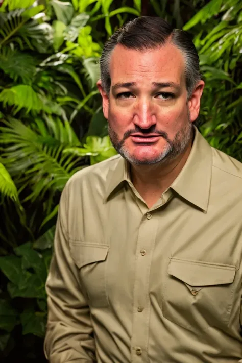 ted cruz <lora:senate_086_ted_cruz:0.65> , face closeup, face focus, shirt, formal, suit, collared shirt, white shirt, jacket,
Wearing a safari outfit with pith helmet, standing in a jungle setting,
best quality, masterpiece, HDR, professional, studio qual...