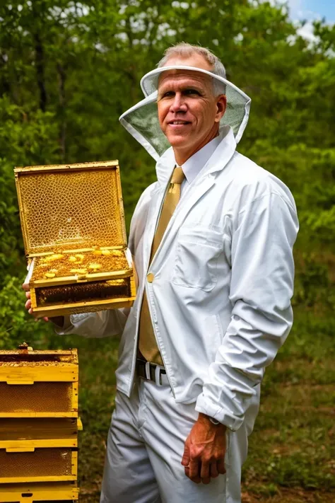 thom tillis <lora:senate_065_thom_tillis:0.65> , face closeup, face focus, shirt, formal, suit, collared shirt, white shirt, jacket,
Wearing a beekeeper suit, standing in an apiary with bee hives around, holding a giant honeycomb, "Honey Pot Funds",
best q...