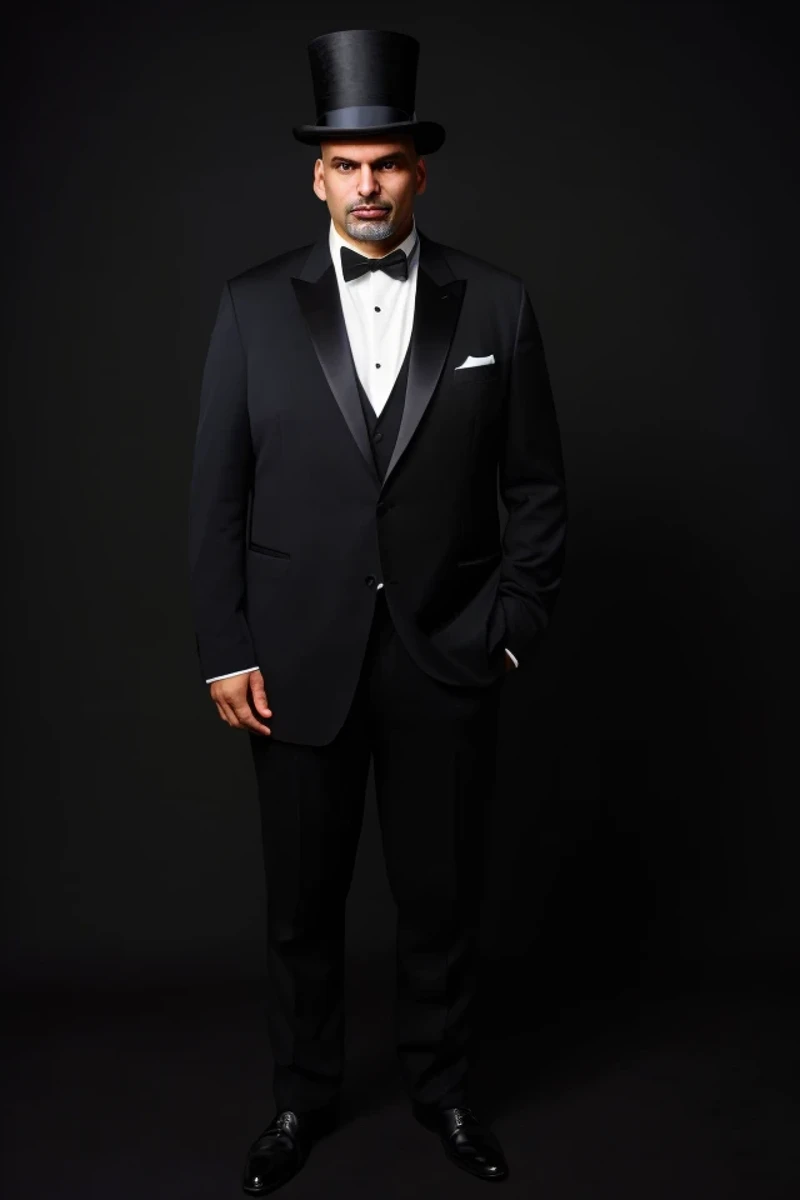 john fetterman <lora:senate_076_john_fetterman:0.65> , face closeup, face focus, shirt, formal, suit, collared shirt, white shirt, jacket,
Dressed in a magicians outfit with a top hat, standing in front of a stage,  rabbit out of a hat,
best quality, maste...