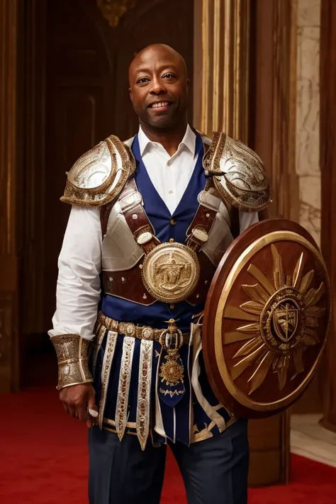 tim scott <lora:senate_080_tim_scott:0.65> , face closeup, face focus, shirt, formal, suit, collared shirt, white shirt, jacket,
Wearing gladiator armor, standing in a Roman-style coliseum, holding a sword and shield with the Senate emblem on it,
best qual...