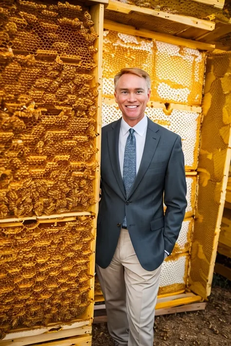 james lankford <lora:senate_071_james_lankford:0.65> , face closeup, face focus, shirt, formal, suit, collared shirt, white shirt, jacket,
Wearing a beekeeper suit, standing in an apiary with bee hives around, holding a giant honeycomb, "Honey Pot Funds",
...