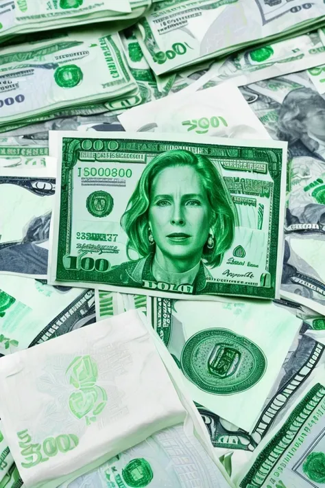 kirsten gillibrand <lora:senate_064_kirsten_gillibrand:0.65> , face closeup, face focus, shirt, formal, suit, collared shirt, white shirt, jacket,
green suit, dollars, money, bills, green banknotes flying,
best quality, masterpiece, HDR, professional, stud...