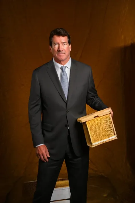 bill hagerty <lora:senate_084_bill_hagerty:0.65> , face closeup, face focus, shirt, formal, suit, collared shirt, white shirt, jacket,
Wearing a beekeeper suit, standing in an apiary with bee hives around, holding a giant honeycomb, "Honey Pot Funds",
best...