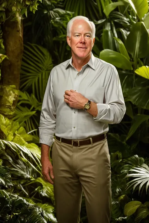 john cornyn <lora:senate_085_john_cornyn:0.65> , face closeup, face focus, shirt, formal, suit, collared shirt, white shirt, jacket,
Wearing a safari outfit with pith helmet, standing in a jungle setting,
best quality, masterpiece, HDR, professional, studi...