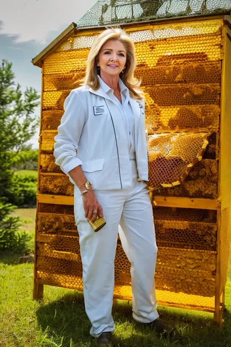 marsha blackburn <lora:senate_083_marsha_blackburn:0.65> , face closeup, face focus, shirt, formal, suit, collared shirt, white shirt, jacket,
Wearing a beekeeper suit, standing in an apiary with bee hives around, holding a giant honeycomb, "Honey Pot Fund...