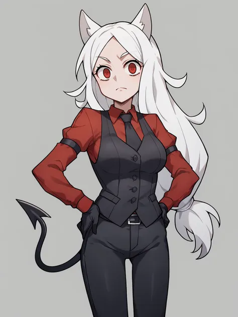 a cartoon drawing of a woman with white hair and a cat tail