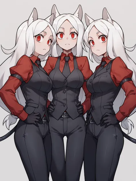 three anime girls with white hair and red eyes in black suits