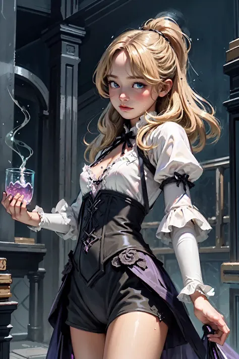 1girl, intricate details, frills, see-through, looking at viewer, windows, blush, blonde, standing, upper body,  thunder storm, dark room,  V0id3nergy, dynamic pose, magic, glowing
(best quality, masterpiece),
 <lora:kVoidEnergy-000001:1>