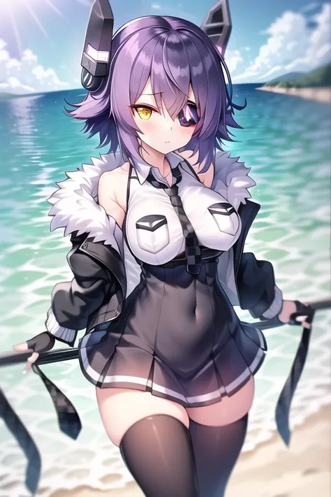 highres, absurdres,best quality, masterpiece, tenryuu \(kancolle\) ,1girl, black gloves, black jacket, black skirt, black thighh...