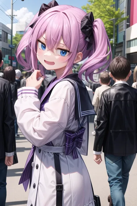 anime character dressed in a purple outfit standing on a city street