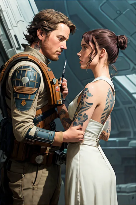 felicity jones as jyn erso in sexy futuristic space gown ((tattoos)), on the deathstar oil painting by the brothers hildebrandt,...