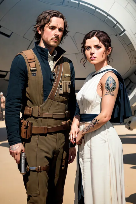 felicity jones as jyn erso in sexy space gown ((tattoos)), on the deathstar oil painting by the brothers hildebrandt, ralph mcqu...