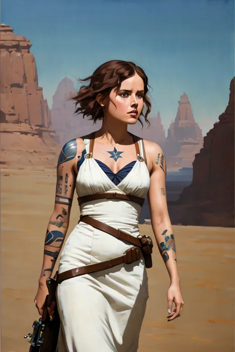 felicity jones as jyn erso in sexy space gown ((tattoos)), on the deathstar oil painting by the brothers hildebrandt, ralph mcqu...