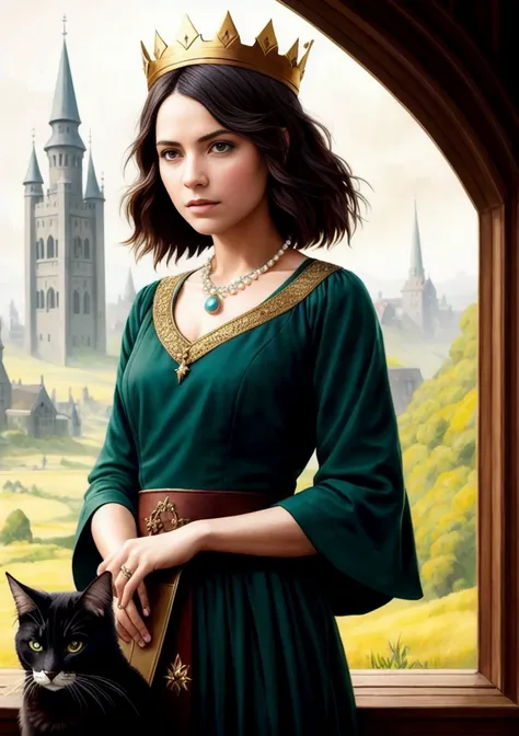 (extremely detailed CG unity 8k wallpaper), full shot body photo of the most beautiful artwork in the world, english medieval witch and her cat, green vale, pearl skin,golden crown, diamonds, medieval architecture, professional majestic oil painting by Ed ...