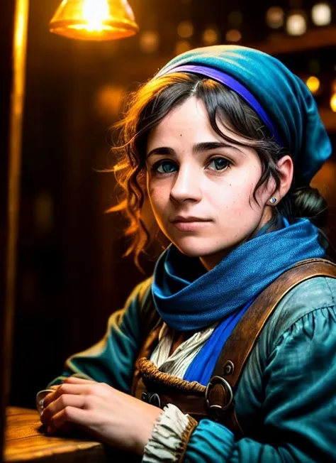 crowdy tabern, ultra realistic photo, portrait of (30 years old:1.5) halfling barmaid with blue scarf on her head, sharp focus, ...