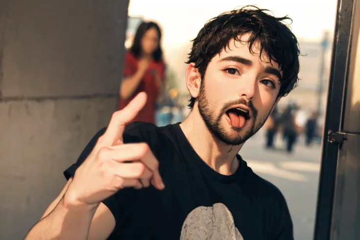 <lora:Alex_Brightman:.7> Alex Brightman, ((masterpiece)),1boy, shirt, male focus, facial hair, black shirt, brown eyes, open mouth, tongue, beard, n/, solo, black hair, m/, looking at viewer, upper body, tongue out, middle finger, t-shirt, short sleeves, h...