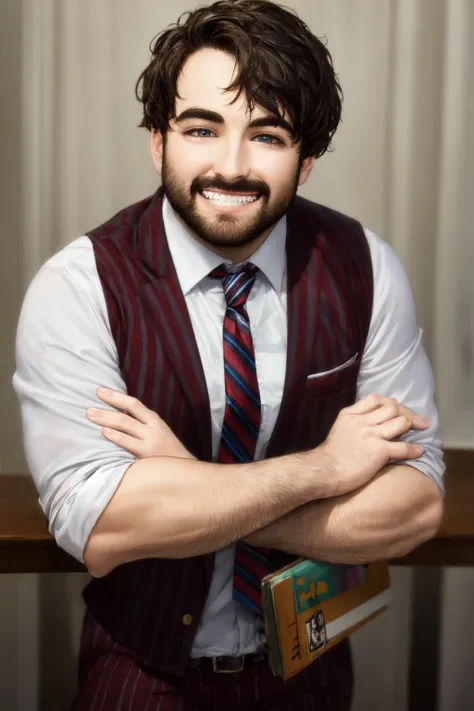 arafed man with a beard and a tie standing with his arms crossed