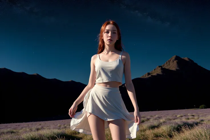 full body, portrait of cute redhead girl, standing on a lavender field, motion, wispy hair, realism, high-quality rendering, film grain, Fujifilm XT3, dreamy, acne, freckled, blemish, 85mm, nikkor, fuji provia, fuji portra, night, (stars:1.2), starry sky...