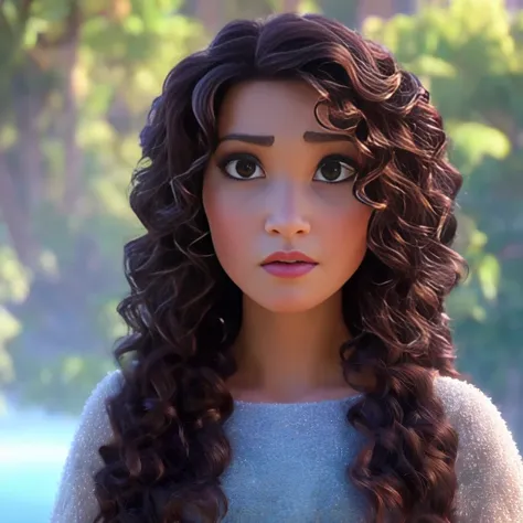 modern disney style modern disney style, beautiful brunette with beautiful (curly hair), (portrait), daylight, (blurred backgrou...