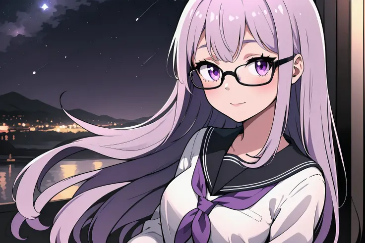 anime girl with long hair and glasses looking out a window