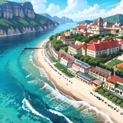 anime - style painting of a beach with a resort and a resort