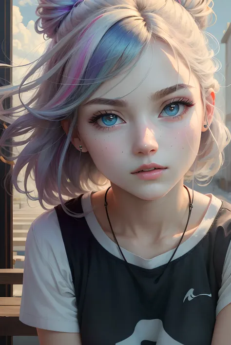 ((high quality, masterpiece:1.4)), 1girl, upper body, gym clothes, white hair, rainbow colored hair, gradient hair, pretty face,...